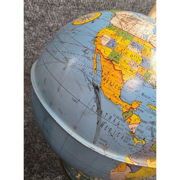 Tin Metal World Globe 12in Zodiac Base Astrology Spinning Desk Display Vtg - Picture 2 of 7